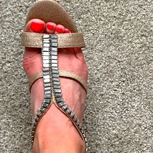 Brand New-Never Worn Glittery Rose Gold High Heels with Rhinestone T-Strap!